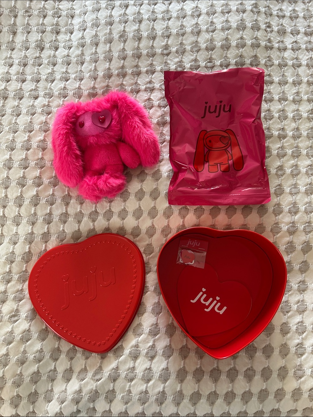 JuJu Hot Pink Plush Bunny with Red Heart Tin